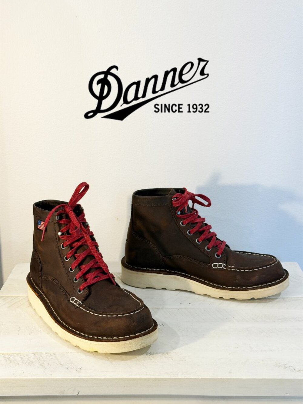 Danner Womens Brown Leather Moc Toe Boots with Red Laces . Clean Like New